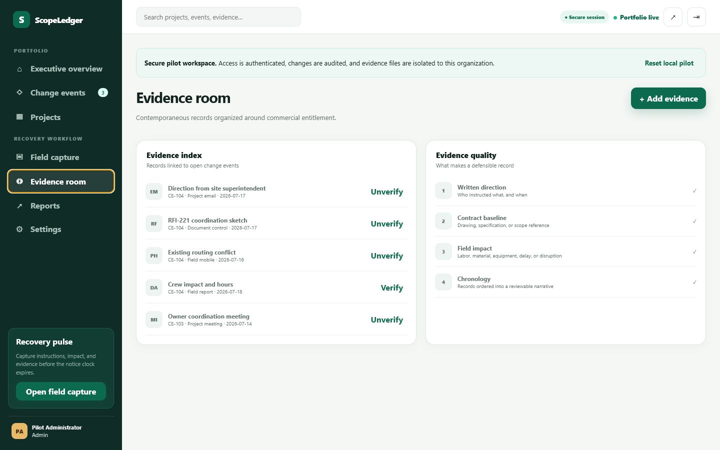 ScopeLedger evidence room showing verified records and audit status